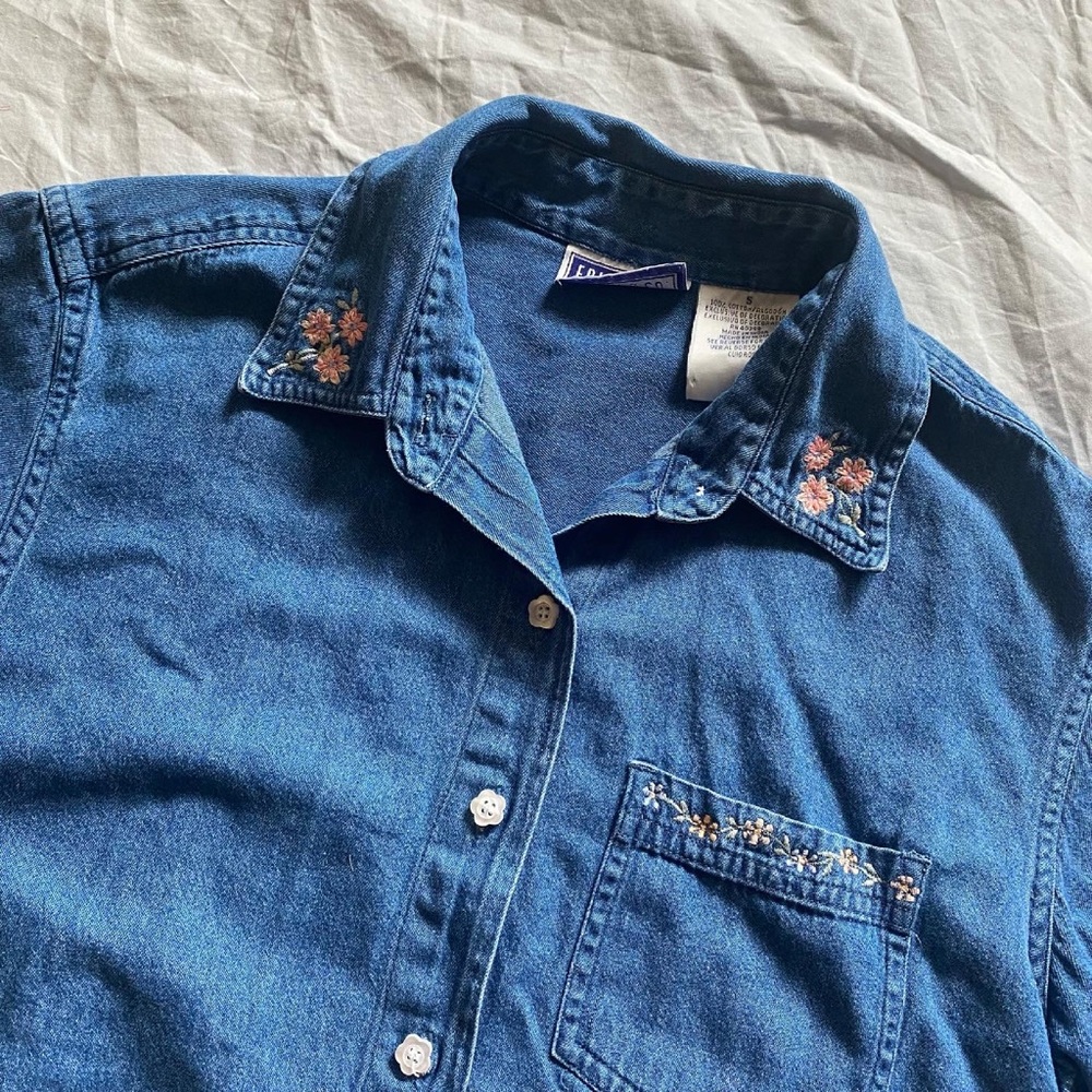 Erika & Co Denim Floral Embroidered Button Up